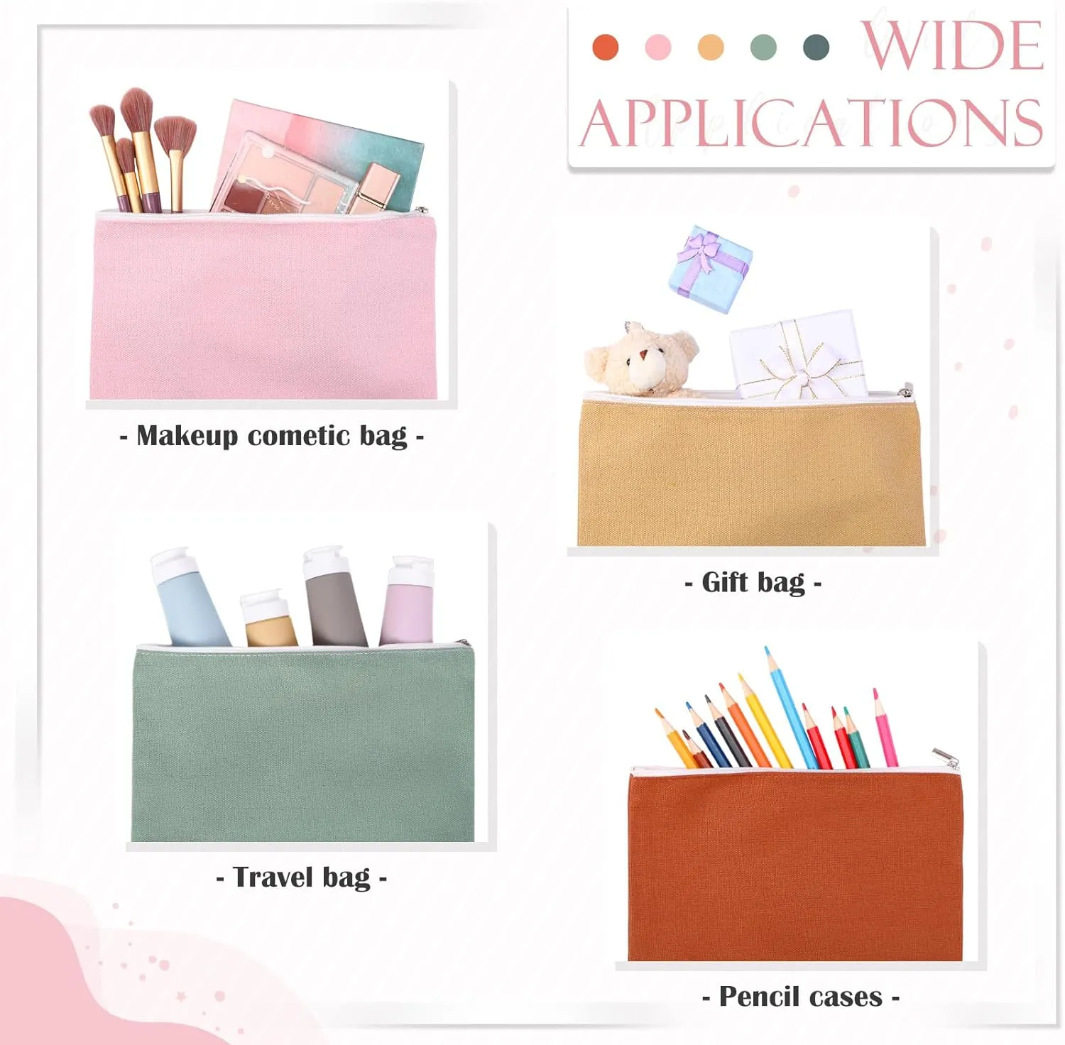 Reginary 10 Pcs Canvas Makeup Bags Bulk for Women Blank DIY Craft Pencil Pouch Multicolor Cosmetics Bag Travel Toiletry Pouch Gift for Mental Health Nurse Mother Teacher(Boho Color)