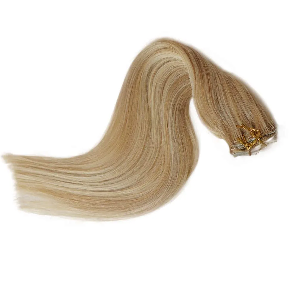 Remy Clip in Hair Extensions Balayage Soft Real Human Hair Extensions 12 Inch Human Hair Natural Beige Blonde with Bleach Blonde 70g 7Pcs For Women