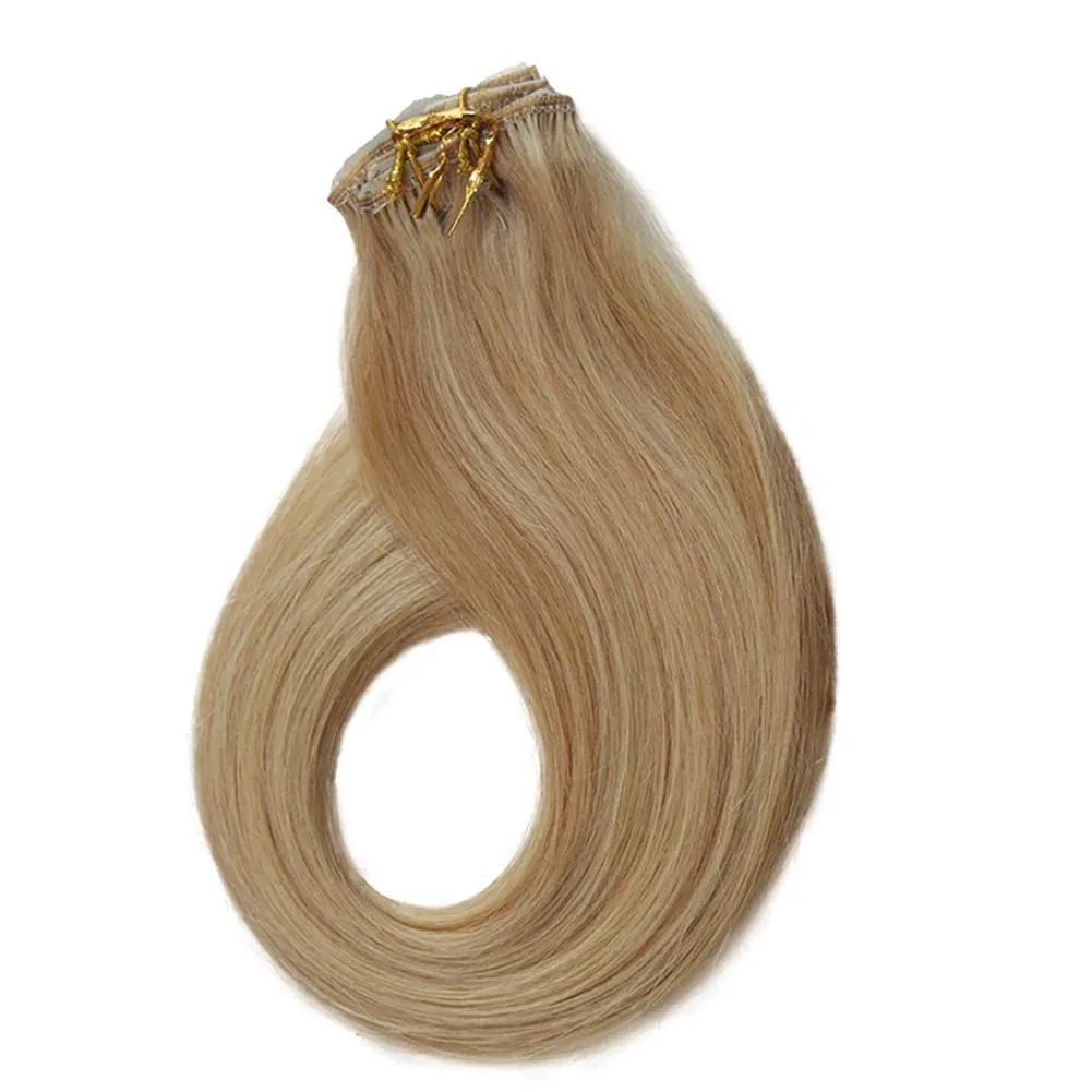 Remy Clip in Hair Extensions Balayage Soft Real Human Hair Extensions 12 Inch Human Hair Natural Beige Blonde with Bleach Blonde 70g 7Pcs For Women