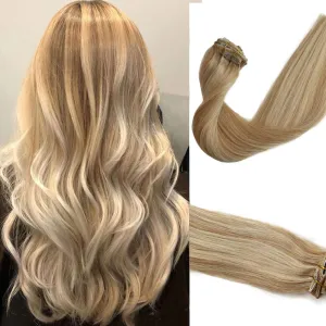 Remy Clip in Hair Extensions Balayage Soft Real Human Hair Extensions 12 Inch Human Hair Natural Beige Blonde with Bleach Blonde 70g 7Pcs For Women