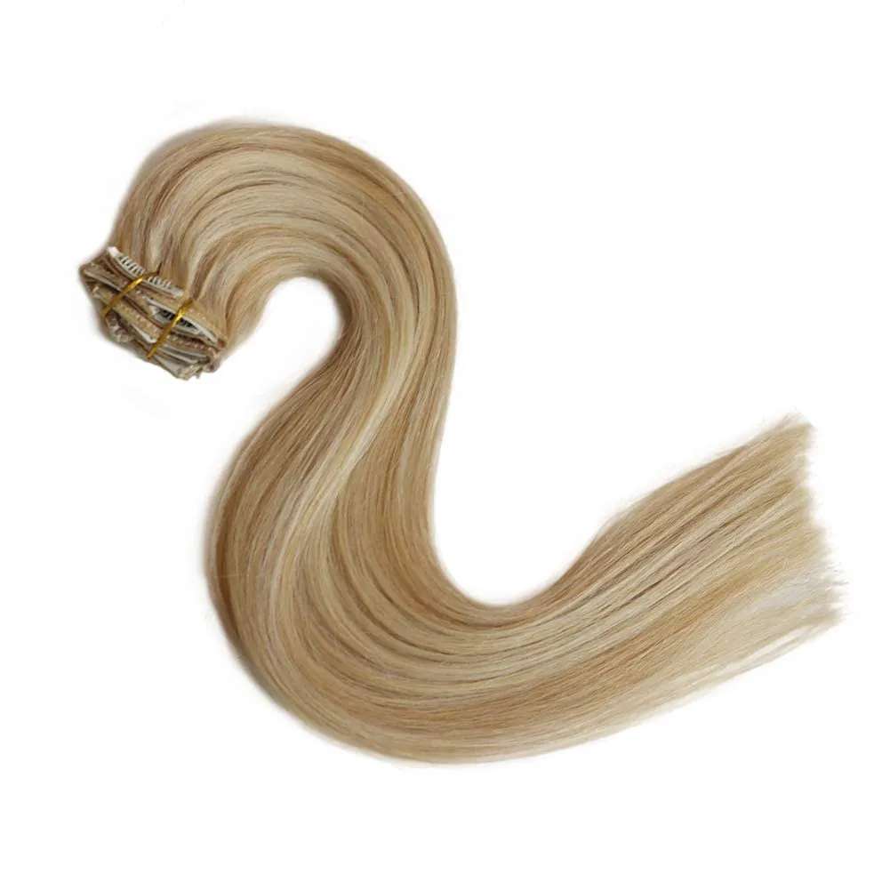 Remy Clip in Hair Extensions Balayage Soft Real Human Hair Extensions 12 Inch Human Hair Natural Beige Blonde with Bleach Blonde 70g 7Pcs For Women