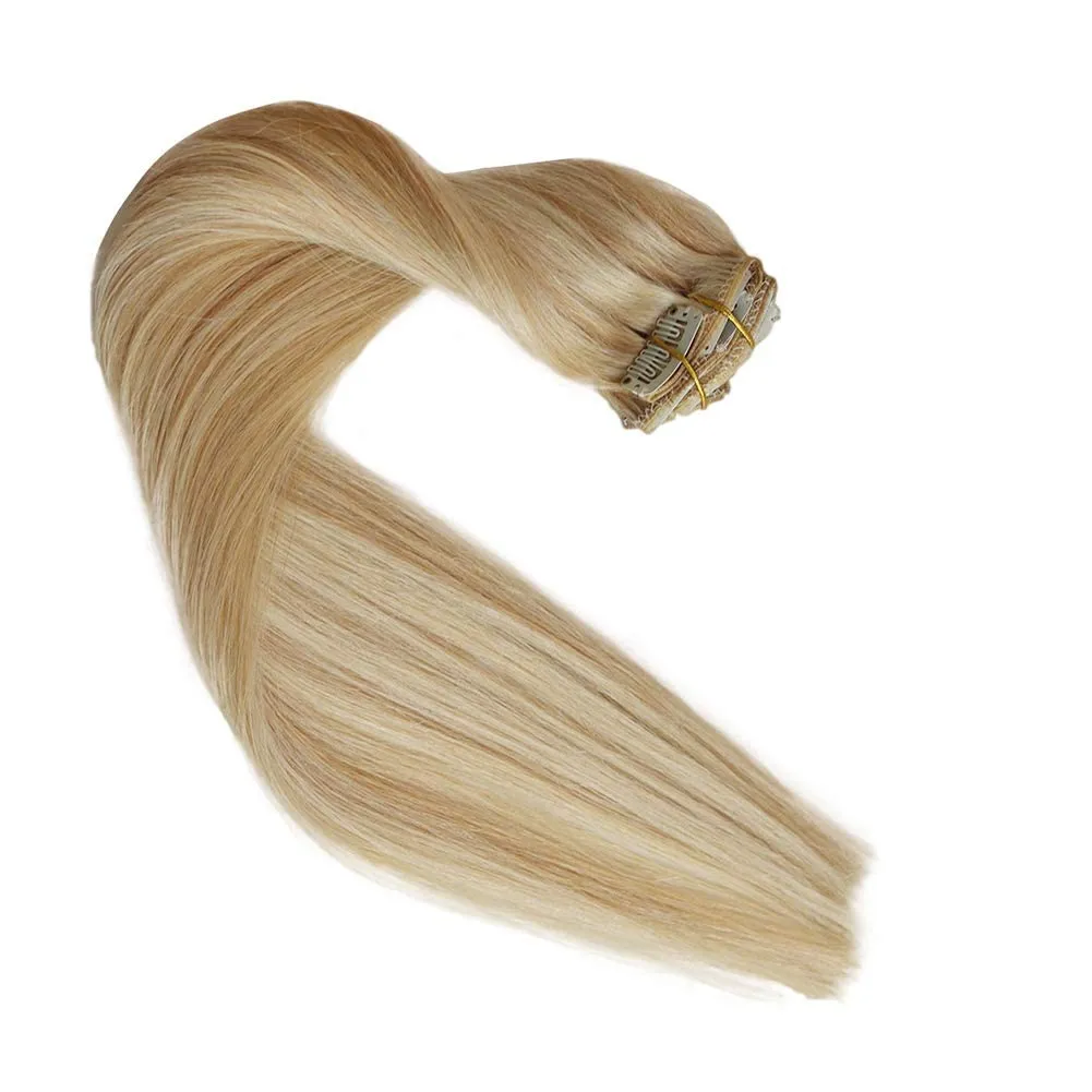 Remy Clip in Hair Extensions Balayage Soft Real Human Hair Extensions 12 Inch Human Hair Natural Beige Blonde with Bleach Blonde 70g 7Pcs For Women