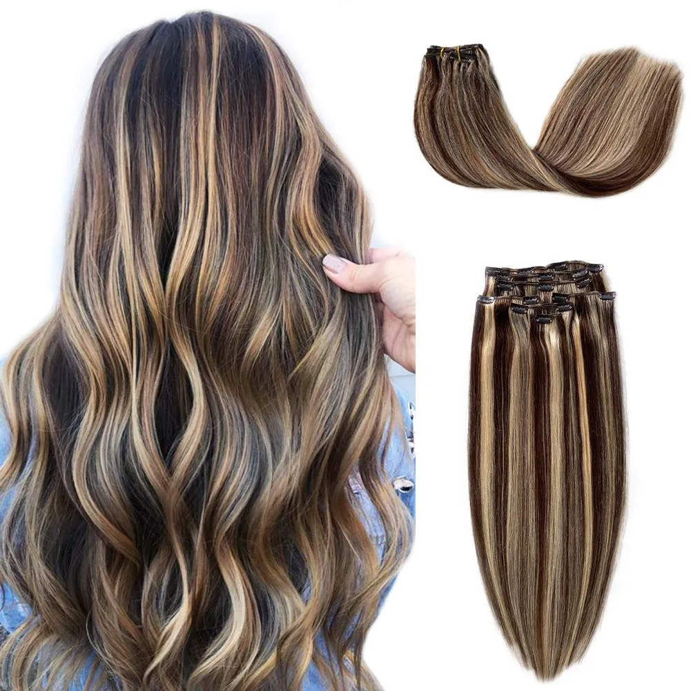 Remy Clip in Hair Extensions Chestnut Brown with Blonde Highlighted Straight Clip in Real Human Hair Extensions 7 Pieces Double Weft Seamless Clip on Hair Extensions for Women 16 Inch 120G