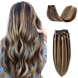 Remy Clip in Hair Extensions Chestnut Brown with Blonde Highlighted Straight Clip in Real Human Hair Extensions 7 Pieces Double Weft Seamless Clip on Hair Extensions for Women 16 Inch 120G