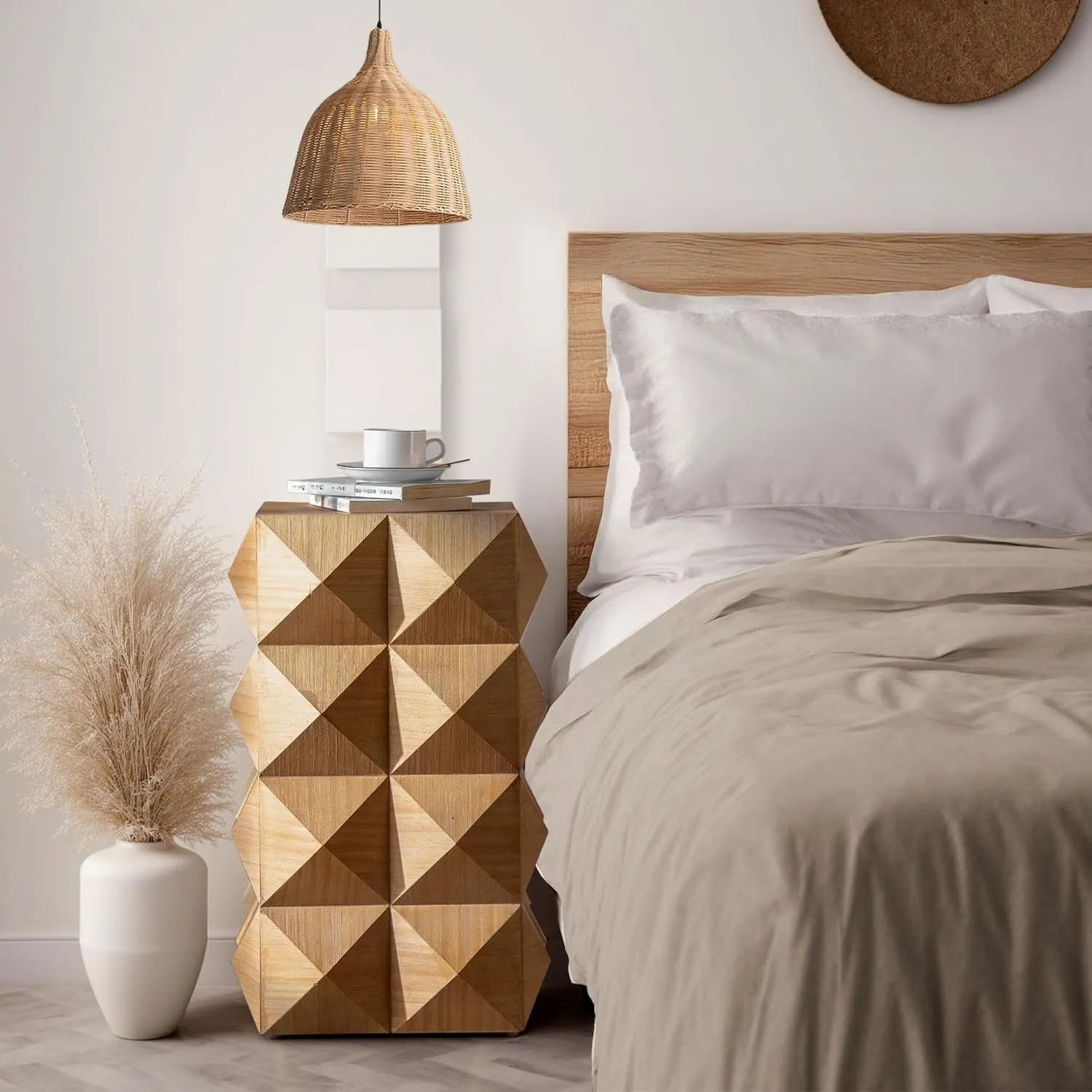 Retro Three-Dimensional Embossed Pattern Design Side Table, Durable Nightstand, Natural Finish, 23.62" Height