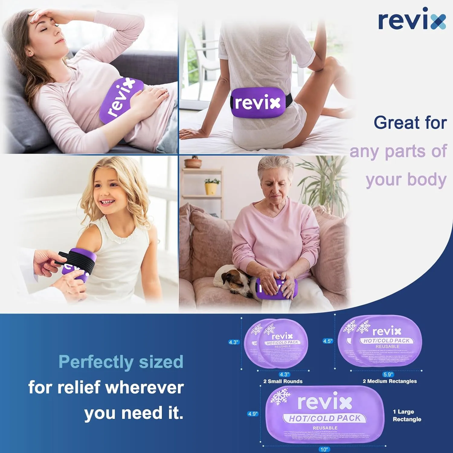 REVIX Reusable Hot and Cold Gel Ice Packs for Injuries with Cloth Cover, 5-Piece Cold Packs with Adjustable Strap for Kids Boo Boo, Sports, Breastfeeding, Wisdom Teeth, Purple