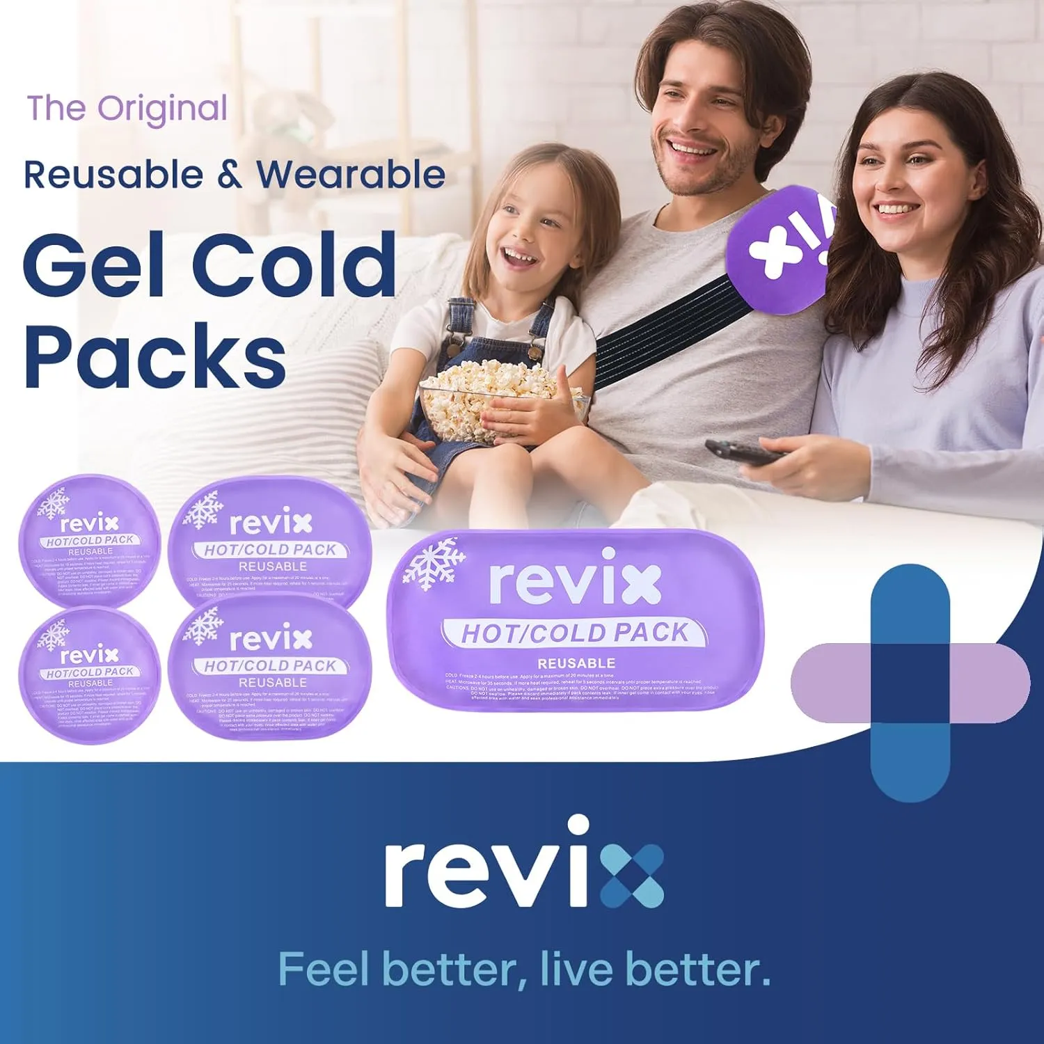 REVIX Reusable Hot and Cold Gel Ice Packs for Injuries with Cloth Cover, 5-Piece Cold Packs with Adjustable Strap for Kids Boo Boo, Sports, Breastfeeding, Wisdom Teeth, Purple