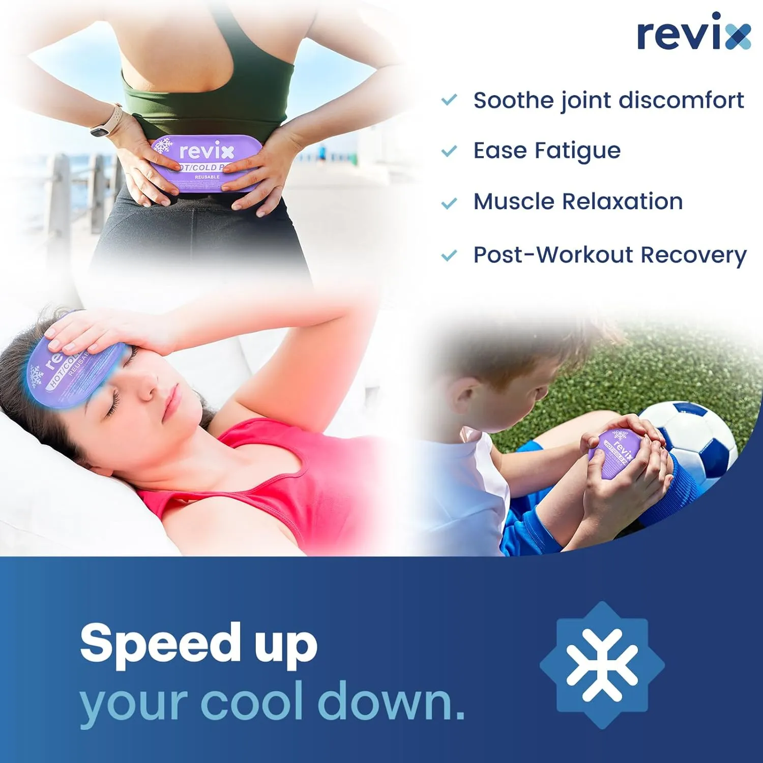 REVIX Reusable Hot and Cold Gel Ice Packs for Injuries with Cloth Cover, 5-Piece Cold Packs with Adjustable Strap for Kids Boo Boo, Sports, Breastfeeding, Wisdom Teeth, Purple