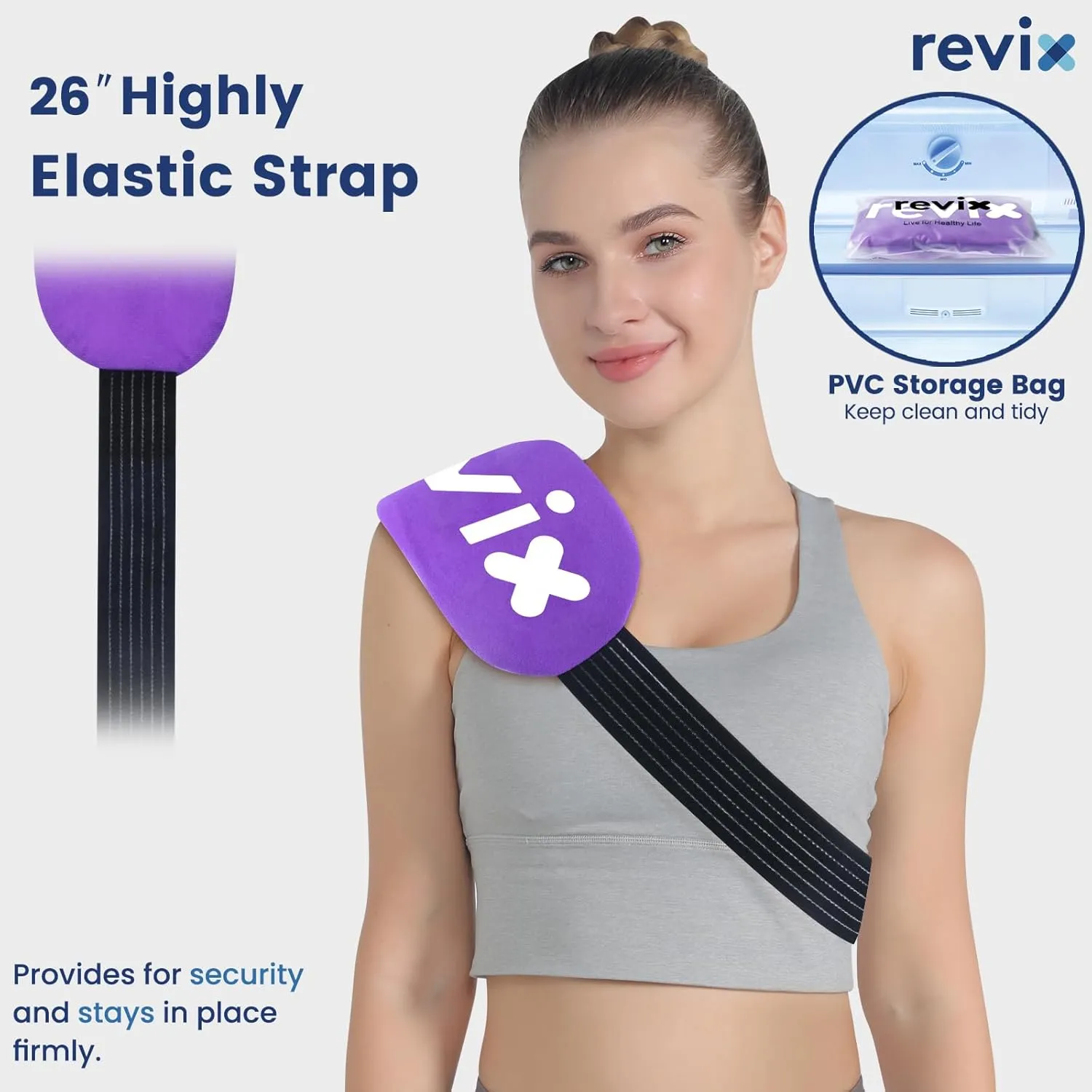 REVIX Reusable Hot and Cold Gel Ice Packs for Injuries with Cloth Cover, 5-Piece Cold Packs with Adjustable Strap for Kids Boo Boo, Sports, Breastfeeding, Wisdom Teeth, Purple