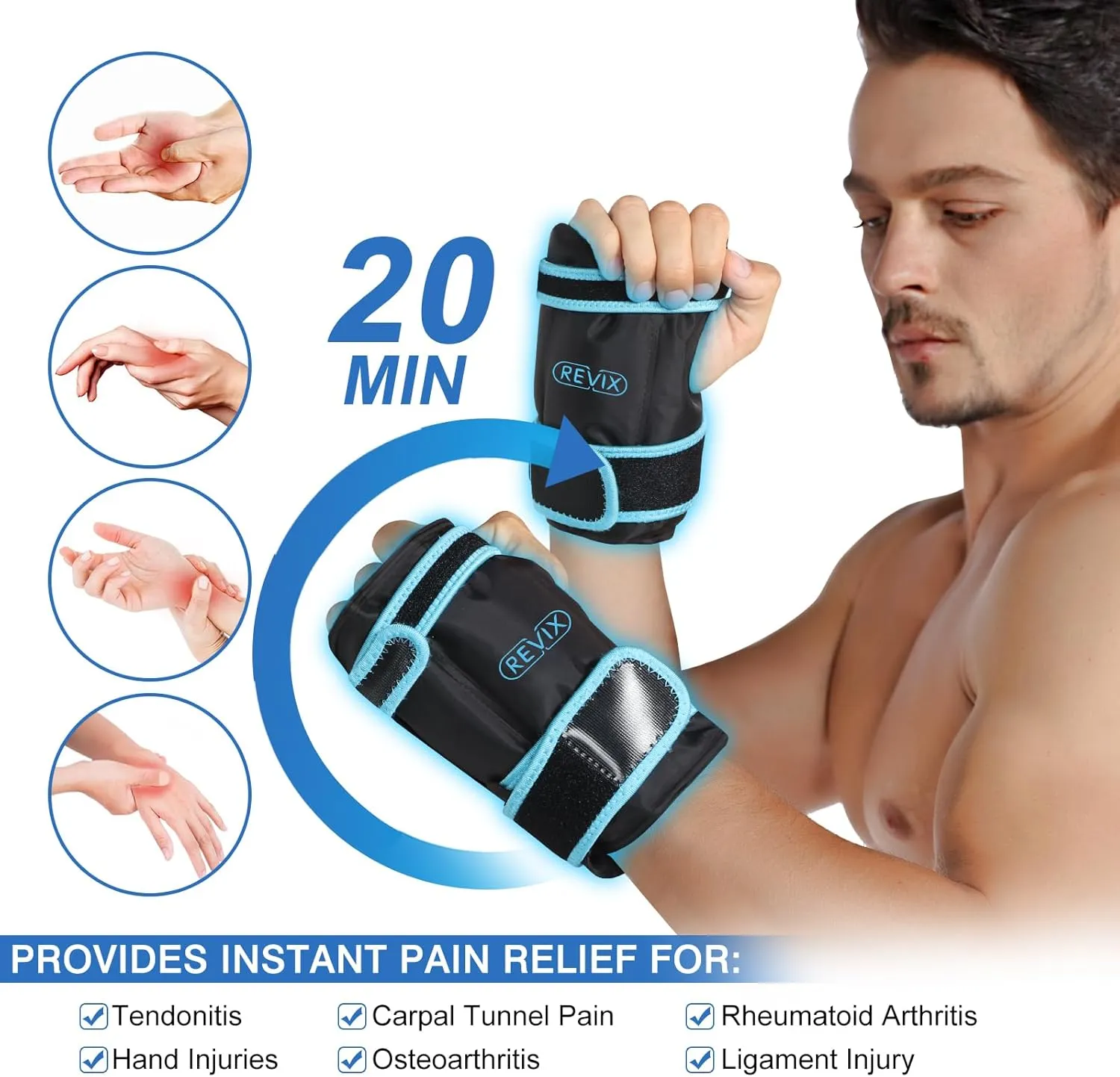REVIX Wrist Ice Pack for Carpal Tunnel, Reusable Gel Ice Packs for Hand Relaxation, Promoting Flexibility and Mobility by Cold Compression Therapy, Black, 2 Packs