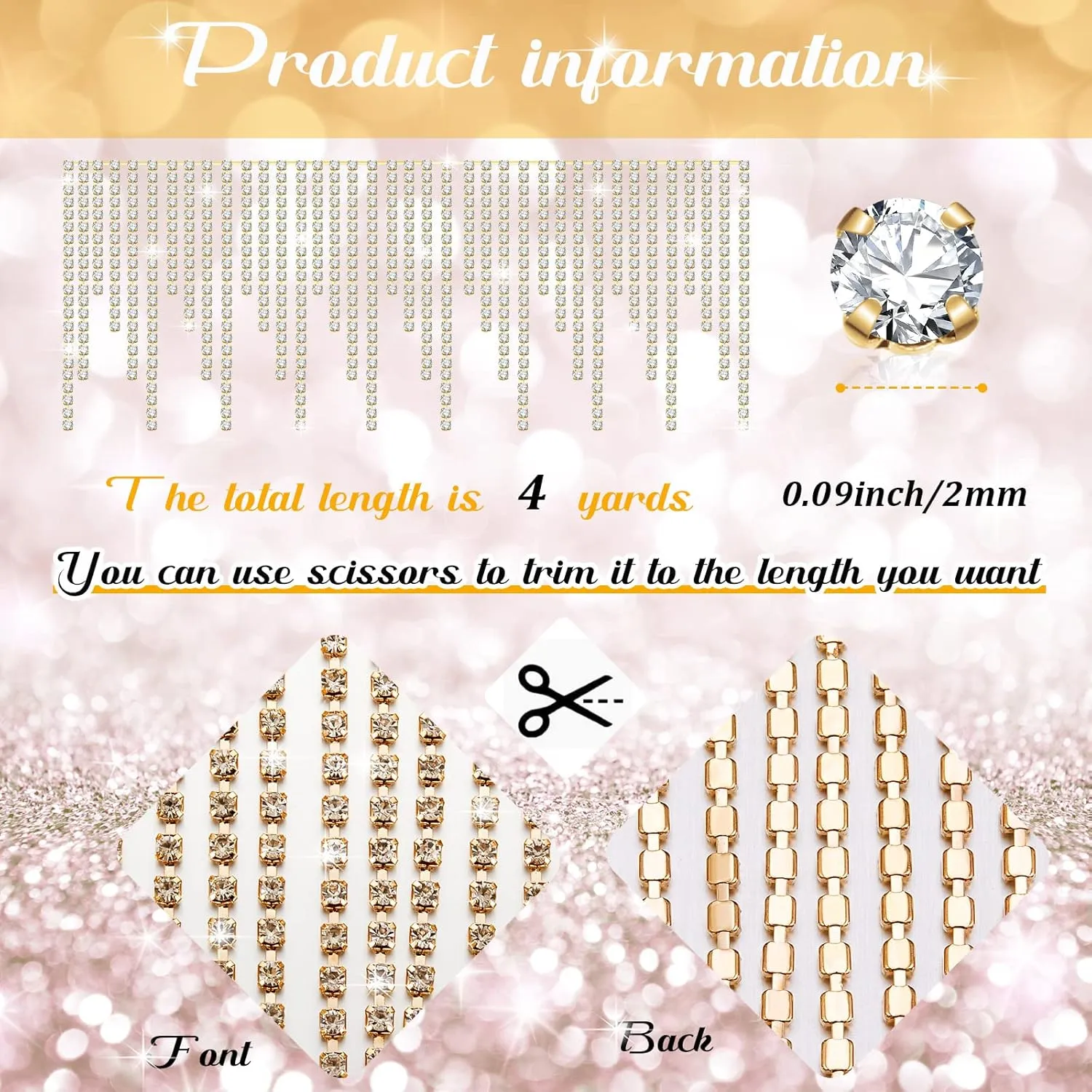Rhinestone Fringe Belt Beaded Ribbon Diamond Tassel Chain for Jeans Clothing Accessories DIY Decoration(4 Yard,Champagne)