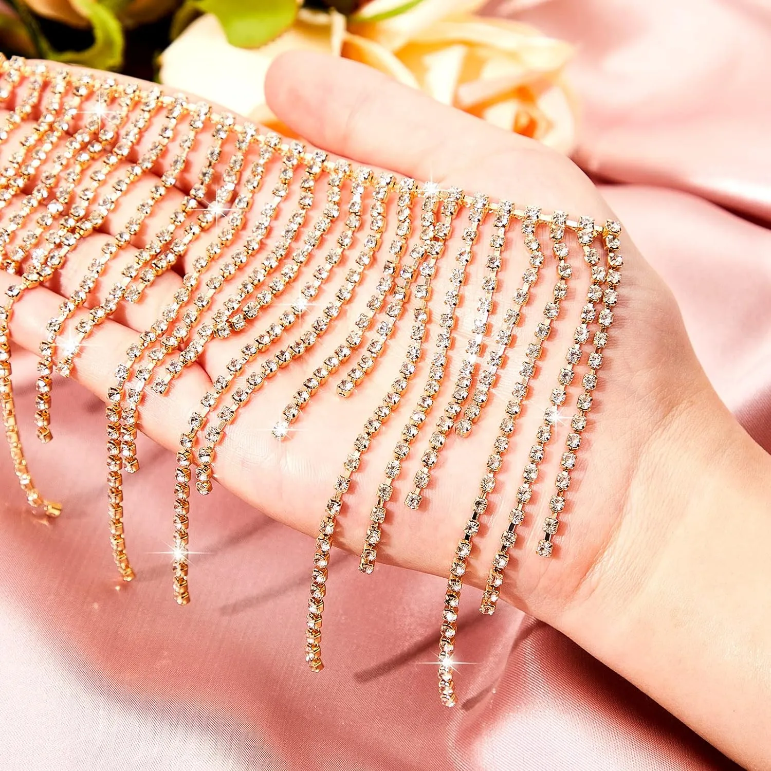 Rhinestone Fringe Belt Beaded Ribbon Diamond Tassel Chain for Jeans Clothing Accessories DIY Decoration(4 Yard,Champagne)