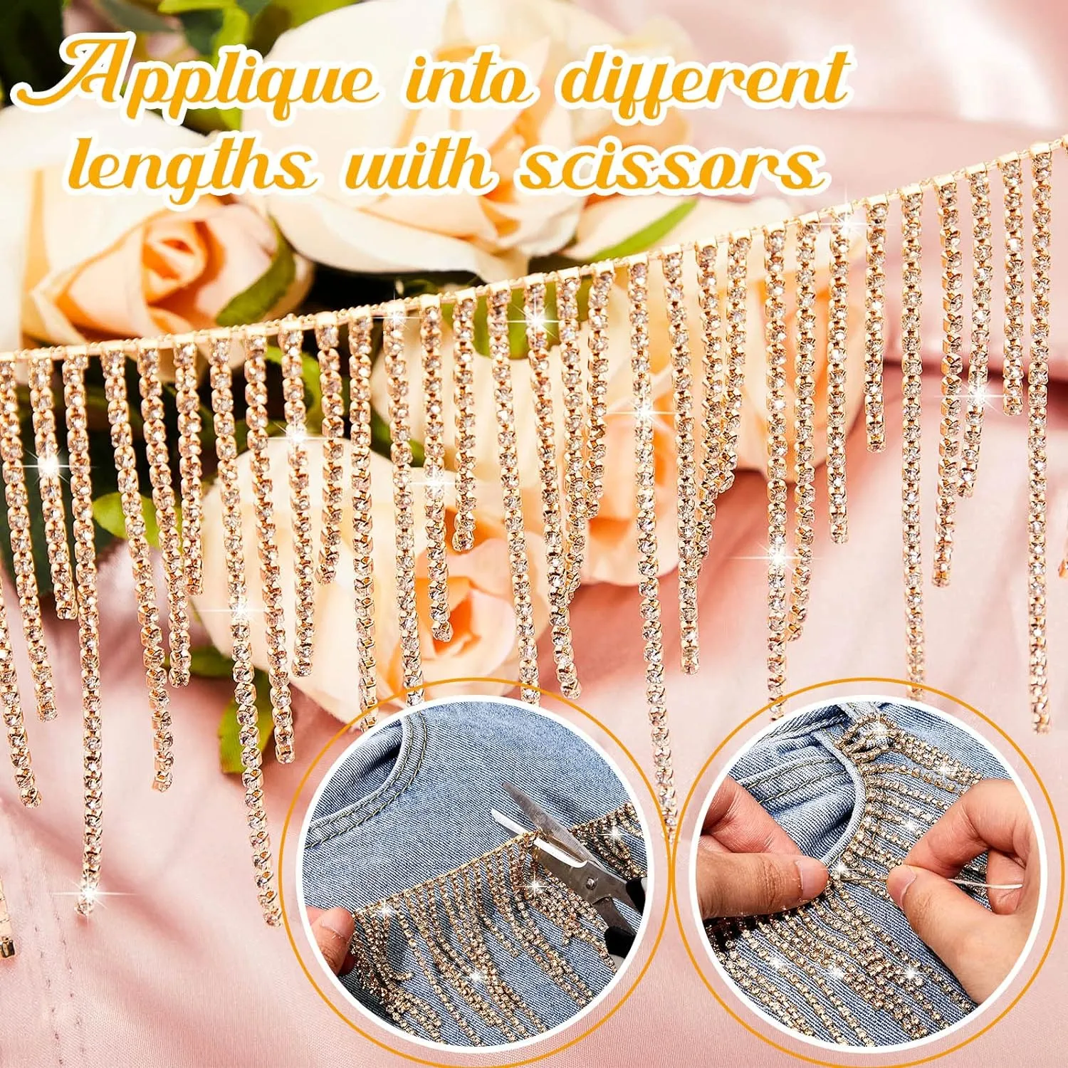 Rhinestone Fringe Belt Beaded Ribbon Diamond Tassel Chain for Jeans Clothing Accessories DIY Decoration(4 Yard,Champagne)
