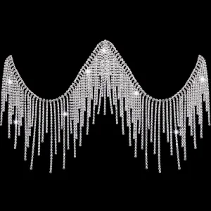 Rhinestone Fringe Belt with Beaded Fringe Trim & Rhinestone Ribbon Tassel Chain for DIY Decoration (Silver, 4 Yard)