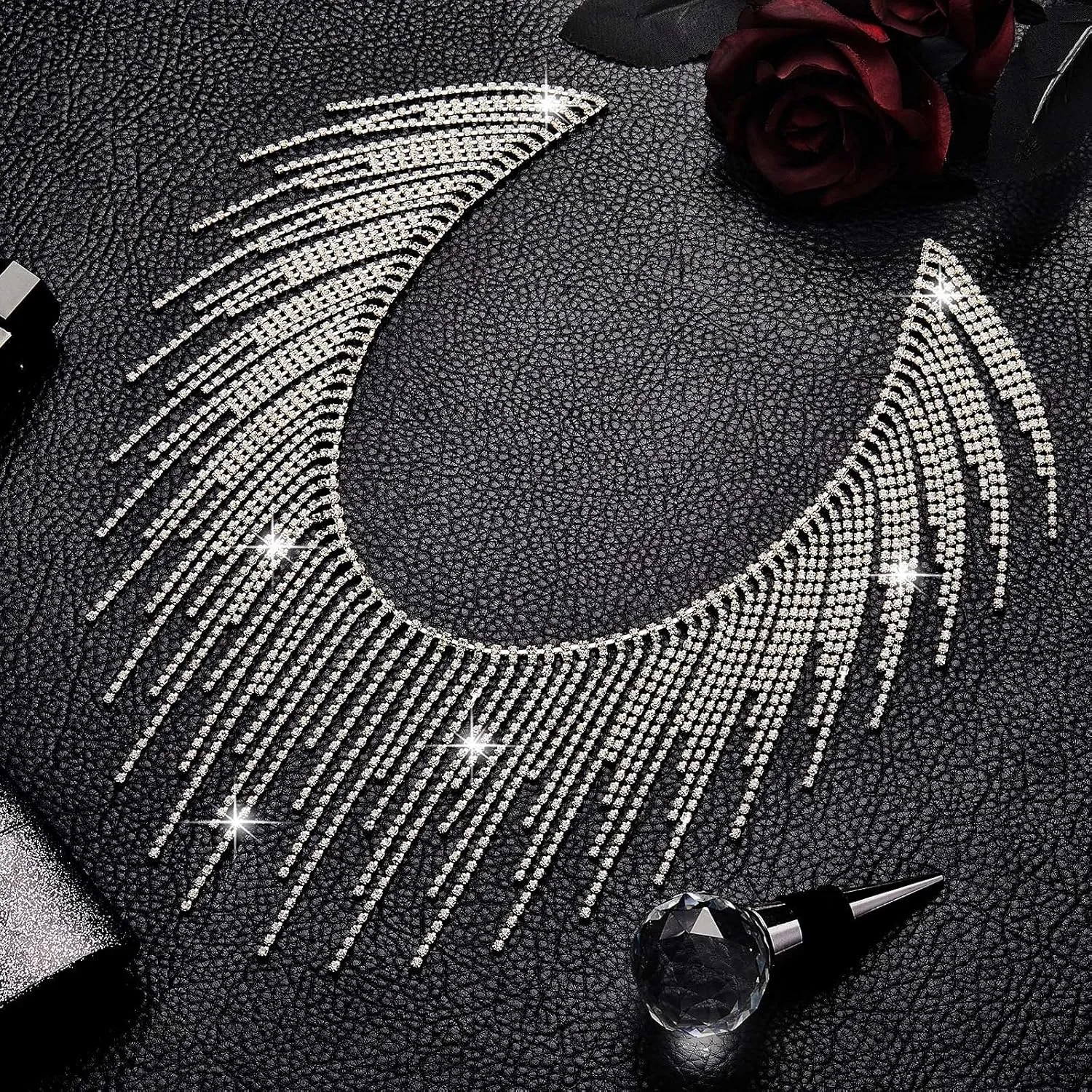Rhinestone Fringe Belt with Beaded Fringe Trim & Rhinestone Ribbon Tassel Chain for DIY Decoration (Silver, 4 Yard)