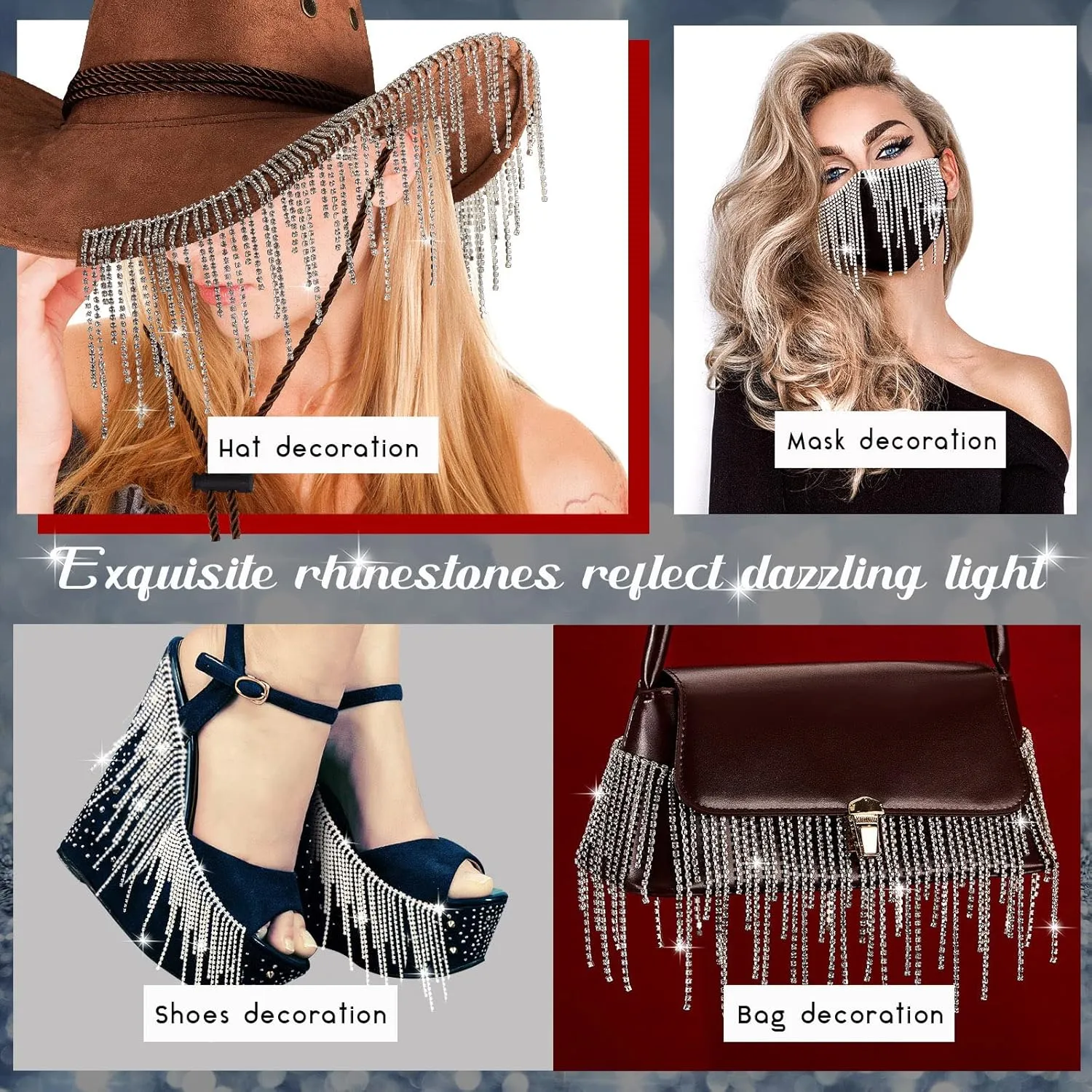 Rhinestone Fringe Belt with Beaded Fringe Trim & Rhinestone Ribbon Tassel Chain for DIY Decoration (Silver, 4 Yard)