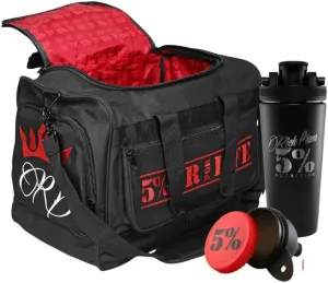 Rich Piana 5% Nutrition Gym Bag Bundle | Sports Duffle Bag   Stainless Steel Insulated Shaker Bottle   Protein Powder Storage Funnel (Deluxe 3 Item Kit)