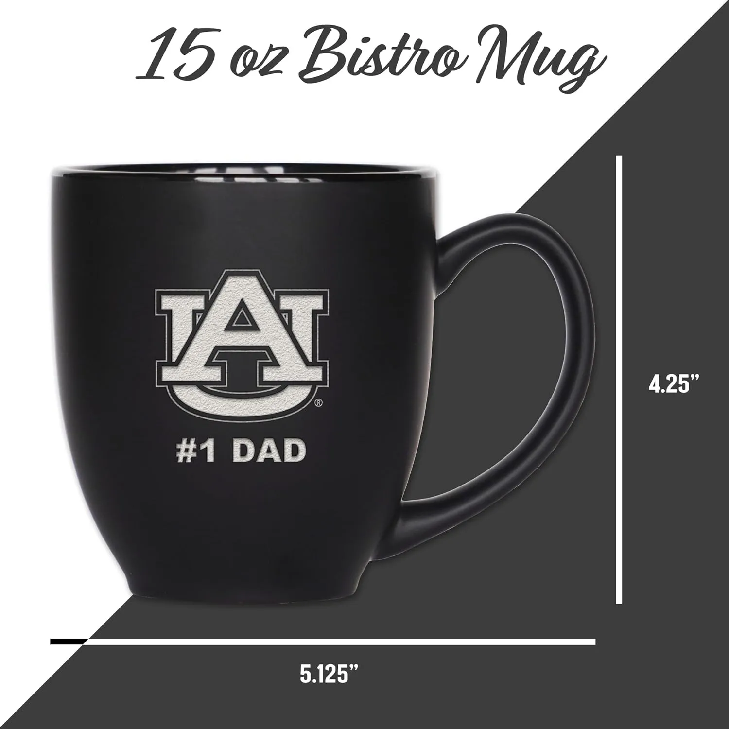Rico Industries NCAA #1 Dad 15oz Laser Engraved Matte Black Ceramic Bistro Mug - for Hot or Cold Drinks