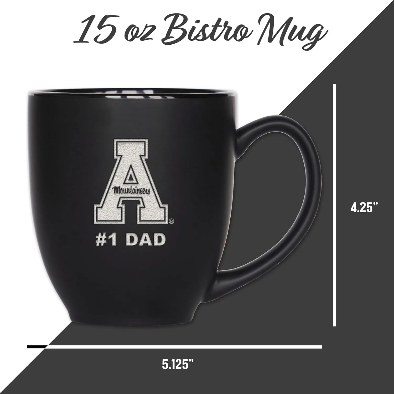 Rico Industries NCAA #1 Dad 15oz Laser Engraved Matte Black Ceramic Bistro Mug - for Hot or Cold Drinks