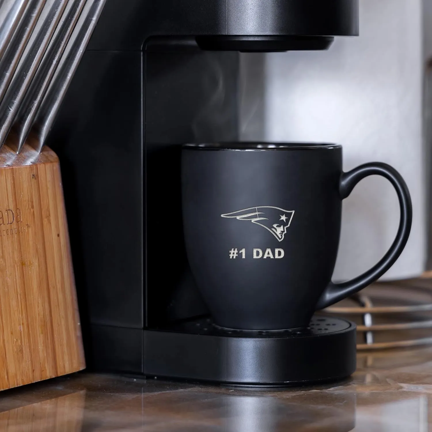 Rico Industries NFL Football #1 Dad 15oz Laser Engraved Matte Black Ceramic Bistro Mug - for Hot or Cold Drinks