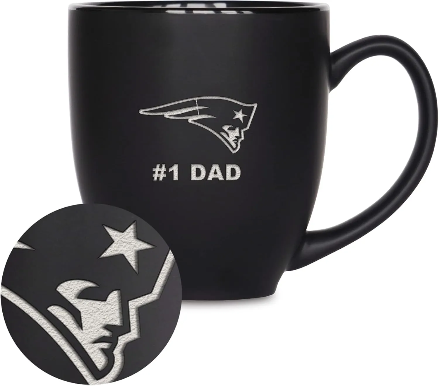 Rico Industries NFL Football #1 Dad 15oz Laser Engraved Matte Black Ceramic Bistro Mug - for Hot or Cold Drinks