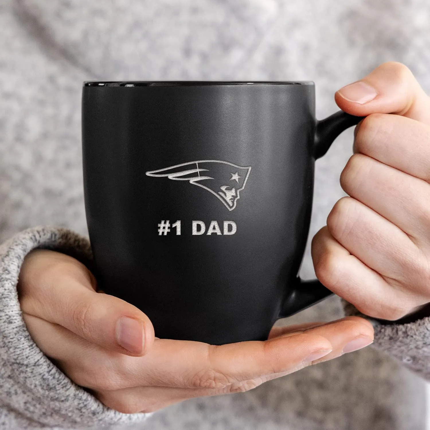 Rico Industries NFL Football #1 Dad 15oz Laser Engraved Matte Black Ceramic Bistro Mug - for Hot or Cold Drinks