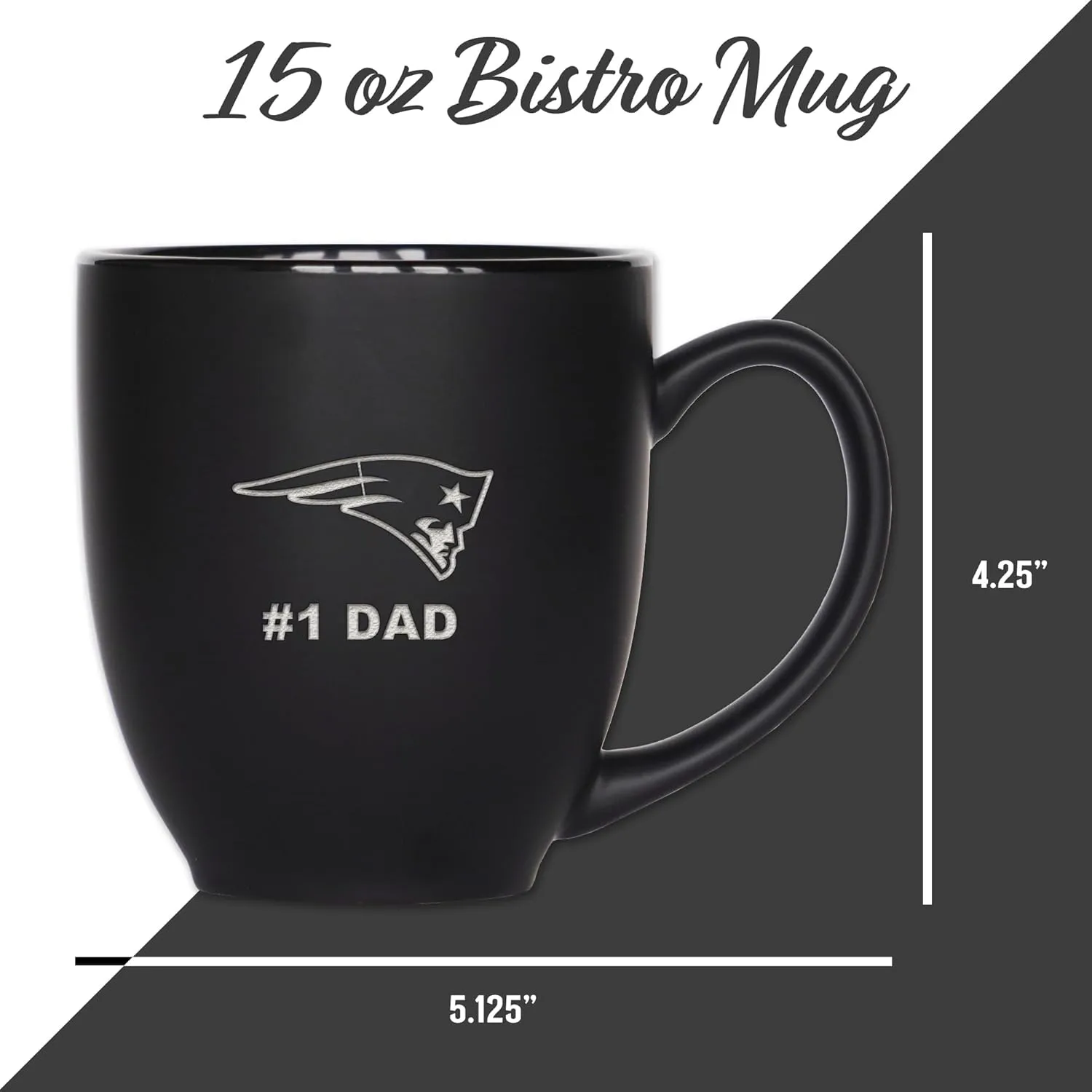 Rico Industries NFL Football #1 Dad 15oz Laser Engraved Matte Black Ceramic Bistro Mug - for Hot or Cold Drinks