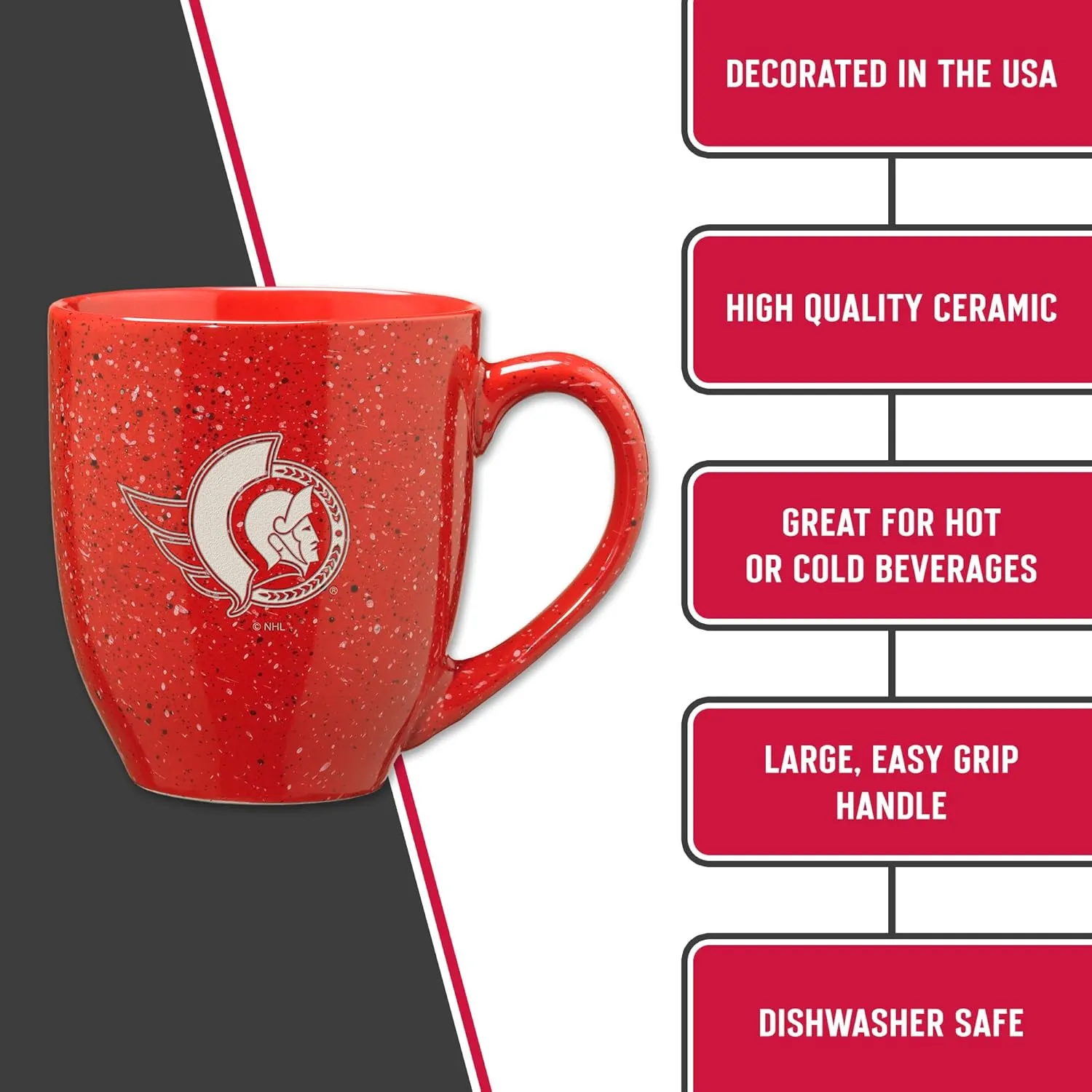 Rico Industries NHL Hockey Ottawa Senators Red Personalized 16 oz Team Color Laser Engraved Speckled Ceramic Coffee Mug