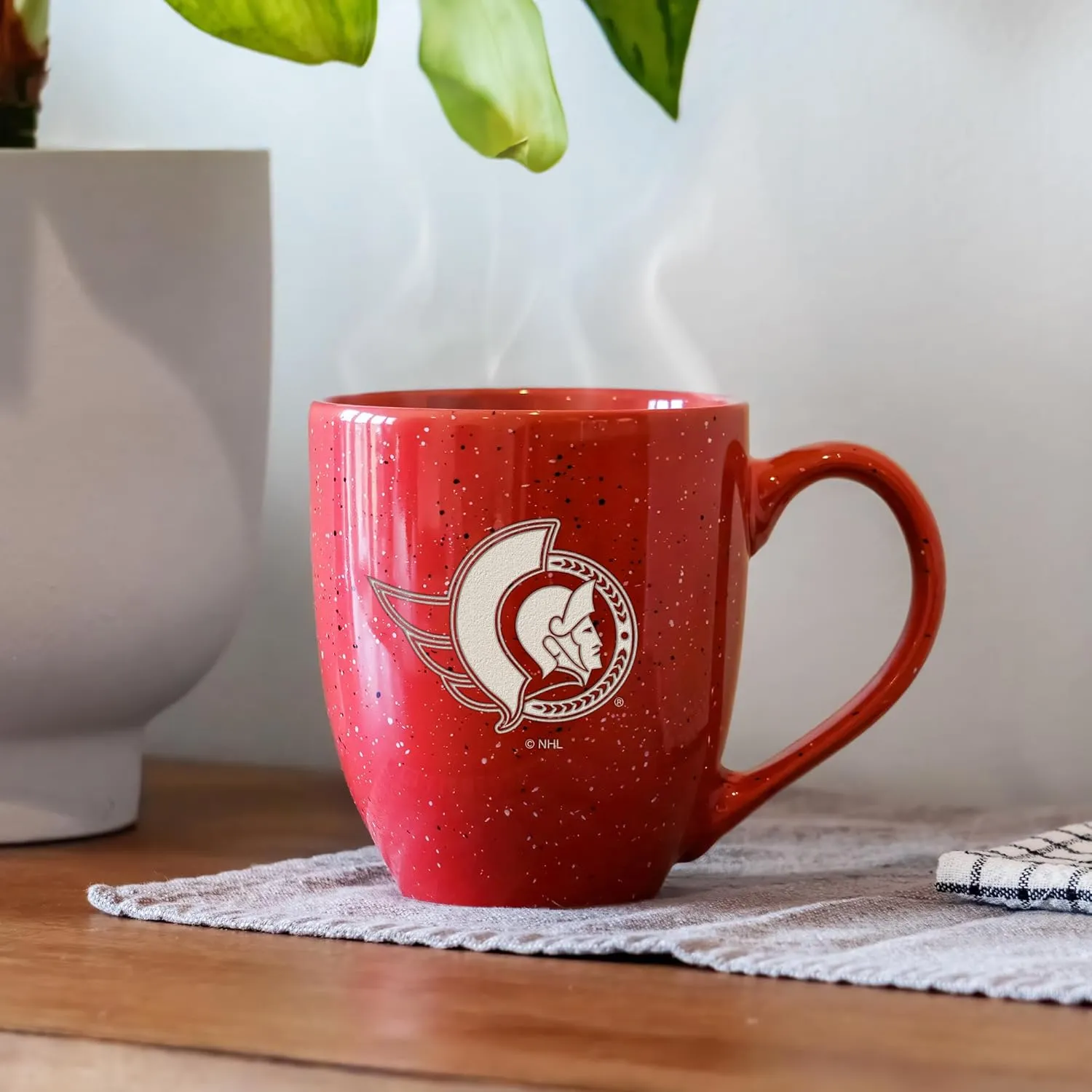 Rico Industries NHL Hockey Ottawa Senators Red Personalized 16 oz Team Color Laser Engraved Speckled Ceramic Coffee Mug