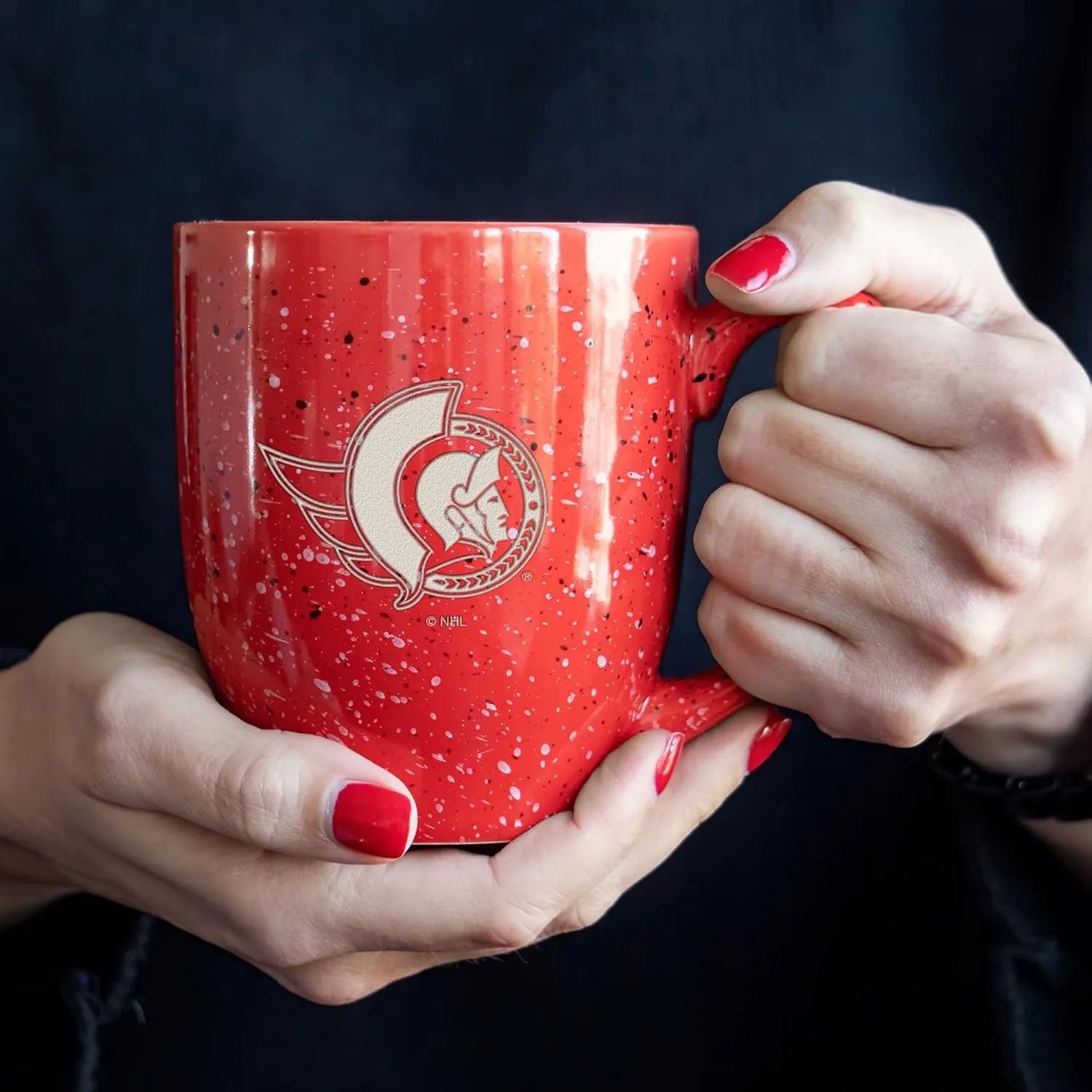 Rico Industries NHL Hockey Ottawa Senators Red Personalized 16 oz Team Color Laser Engraved Speckled Ceramic Coffee Mug