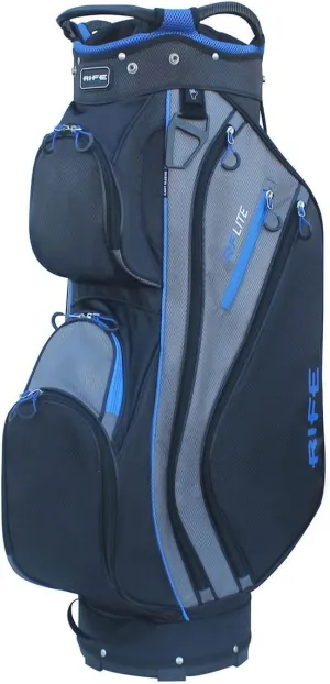 Rife Golf RF-LITE Cart Bag – 14-Way Divider Top with Putter Pit, 9.5" Lightweight Nylon Bag, 9 Zippered Pockets, Insulated Cooler Pocket, Black and Blue
