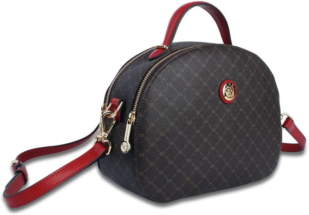Rioni ST-20503-R Beatrice Dome Double Entry Signature Designer Brown Canvas With Red Leather Trim Small Crossbody Bag Top Handle Handbag