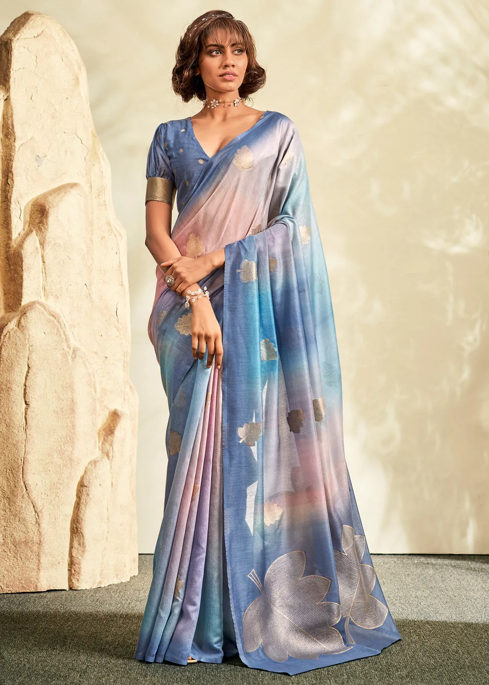 River Blue Digital Printed Textured Silk Saree
