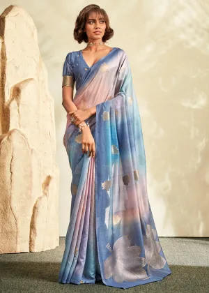 River Blue Digital Printed Textured Silk Saree
