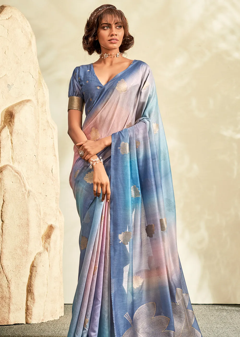 River Blue Digital Printed Textured Silk Saree
