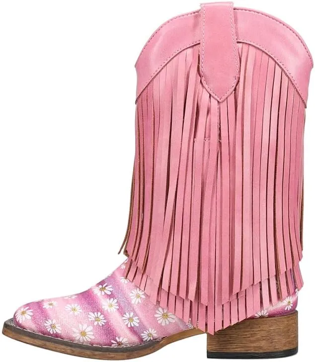 ROPER Kids Girls Double Fringe Glitter Metallic Square Toe Casual Boots Mid Calf - Pink