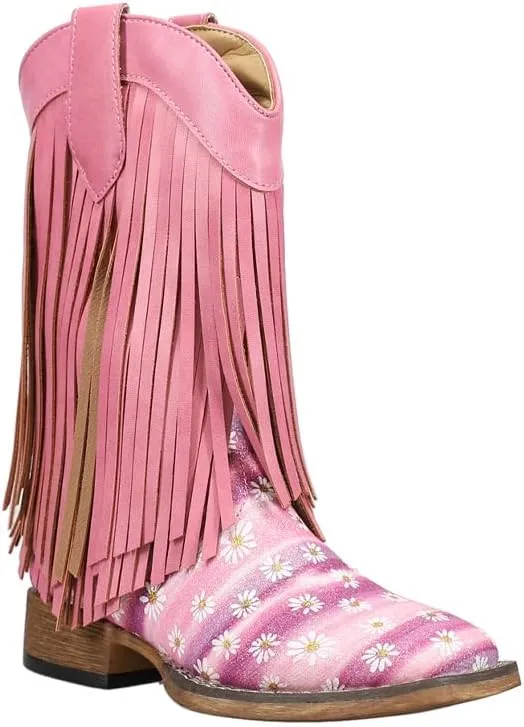 ROPER Kids Girls Double Fringe Glitter Metallic Square Toe Casual Boots Mid Calf - Pink