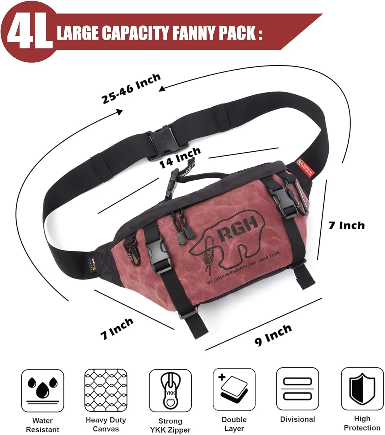 Rough Enough Tactical Fanny Pack Crossbody Large Waist Bag for Men Fishing Hiking Travel in Waxed Canvas Red, 4L