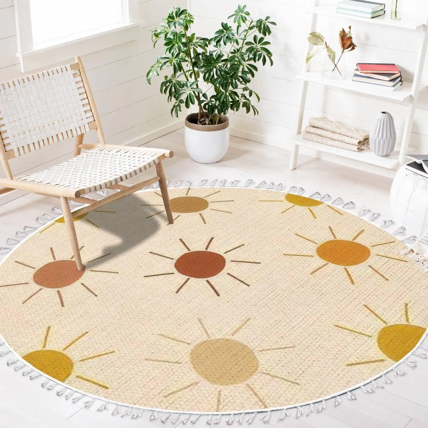 Round Boho Rug Sun only Seamless Sunny dots Summer Baby Print Earthy Warm Trendy Area Linen Carpet Patio Hallway Runner Mat Pad Minimalist Home Decor for Living Room Outdoor, Multi, 3 ft