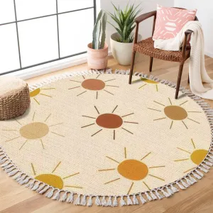 Round Boho Rug Sun only Seamless Sunny dots Summer Baby Print Earthy Warm Trendy Area Linen Carpet Patio Hallway Runner Mat Pad Minimalist Home Decor for Living Room Outdoor, Multi, 3 ft