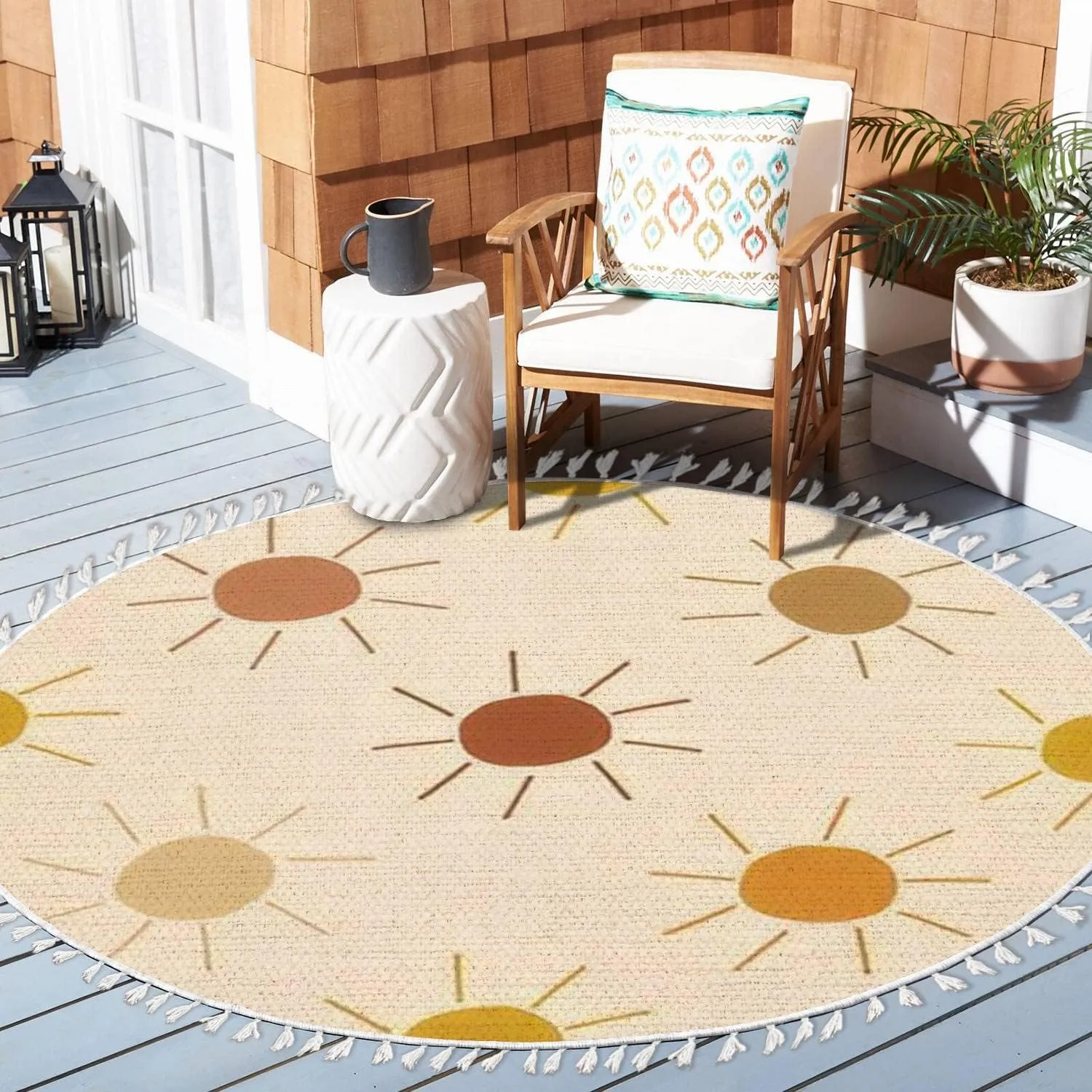 Round Boho Rug Sun only Seamless Sunny dots Summer Baby Print Earthy Warm Trendy Area Linen Carpet Patio Hallway Runner Mat Pad Minimalist Home Decor for Living Room Outdoor, Multi, 3 ft