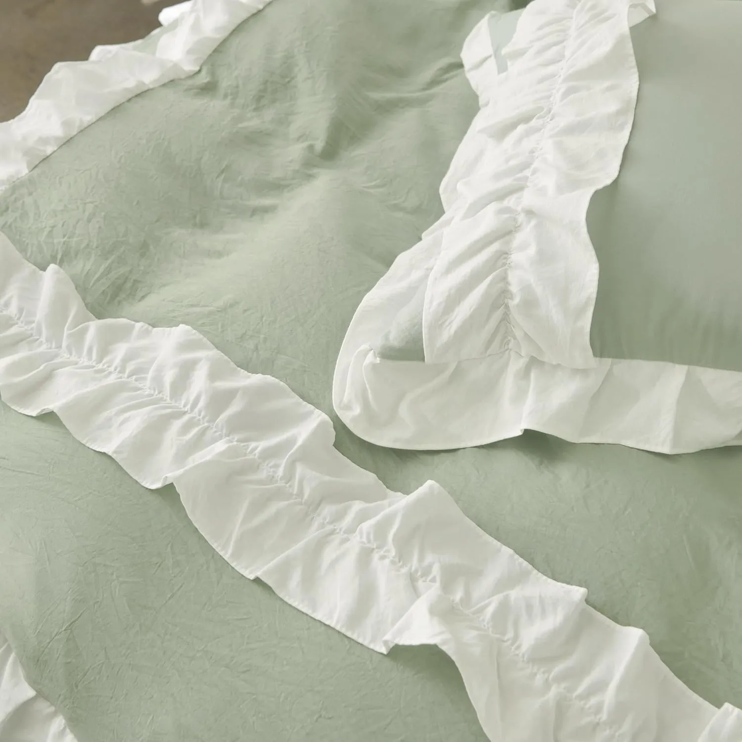 Ruffle Duvet Cover Queen Sage Green Comforter Cover with White Ruffle, Aesthetic French Romantic Washed Microfiber Ruffled Bedding Set with Zipper Closure 3 Pieces Bed Set