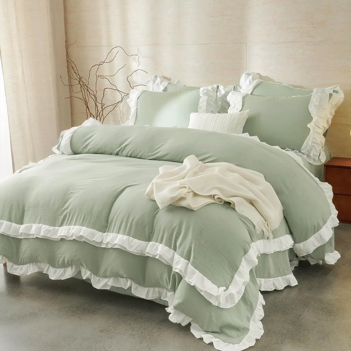 Ruffle Duvet Cover Queen Sage Green Comforter Cover with White Ruffle, Aesthetic French Romantic Washed Microfiber Ruffled Bedding Set with Zipper Closure 3 Pieces Bed Set
