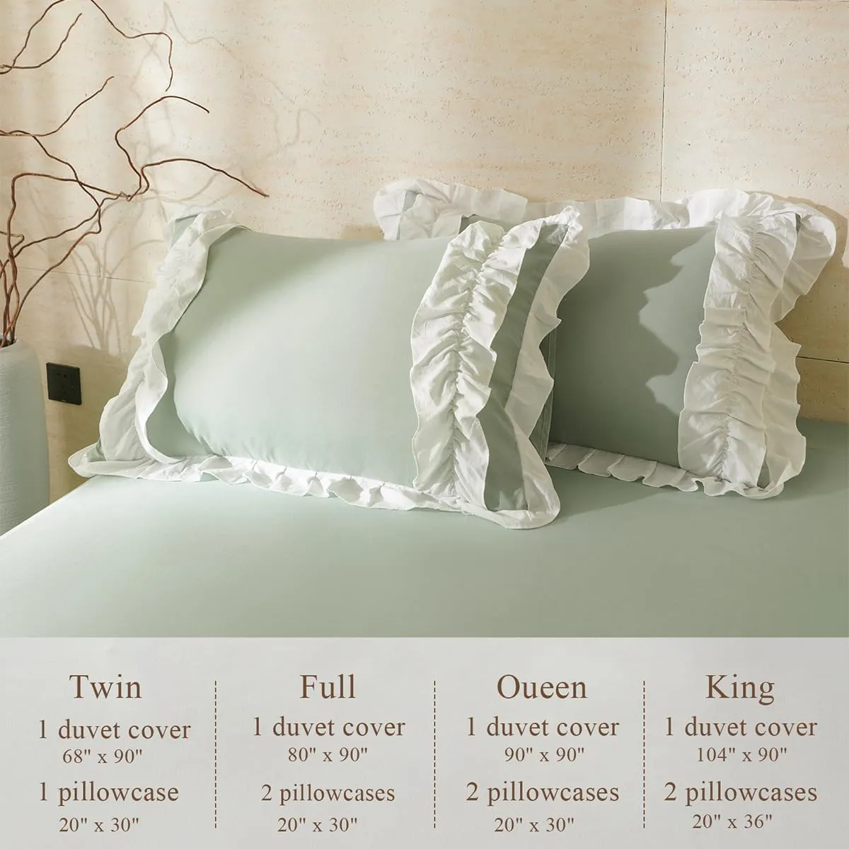Ruffle Duvet Cover Queen Sage Green Comforter Cover with White Ruffle, Aesthetic French Romantic Washed Microfiber Ruffled Bedding Set with Zipper Closure 3 Pieces Bed Set
