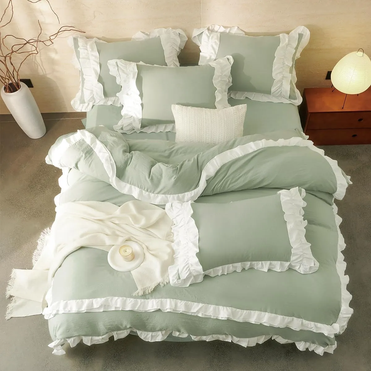 Ruffle Duvet Cover Queen Sage Green Comforter Cover with White Ruffle, Aesthetic French Romantic Washed Microfiber Ruffled Bedding Set with Zipper Closure 3 Pieces Bed Set