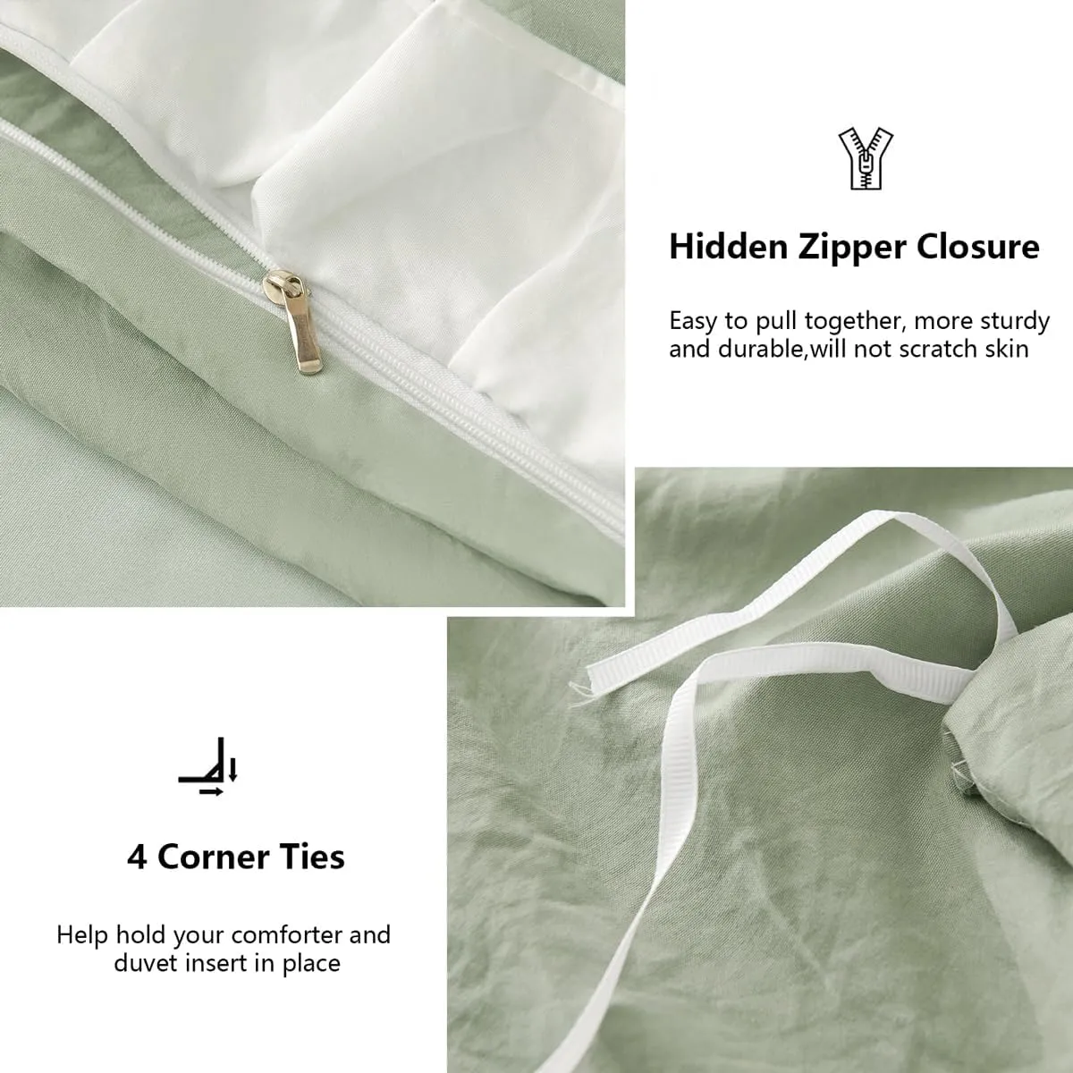 Ruffle Duvet Cover Queen Sage Green Comforter Cover with White Ruffle, Aesthetic French Romantic Washed Microfiber Ruffled Bedding Set with Zipper Closure 3 Pieces Bed Set