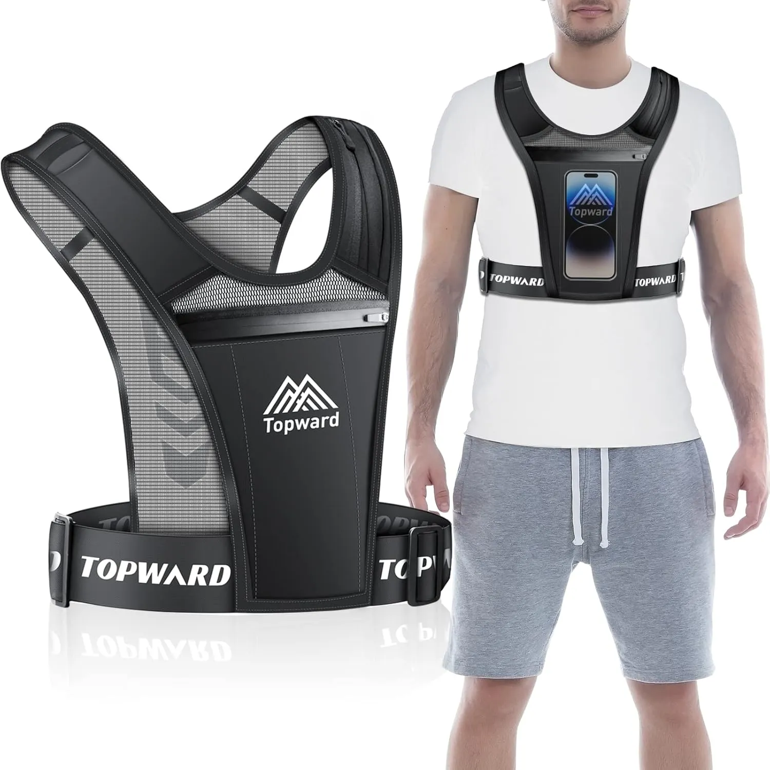Running Phone Holder Vest for Men Women Jogging Walking Exercise & Gym Workout. Waterproof Chest Pack for All Smartphones