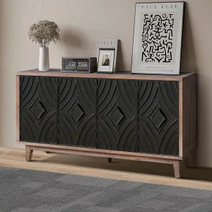 Rustic Buffet Cabinet Distressed Finish Sideboard with 4 Embossed Doors, Large Credenza Cabinet for Living Room Dining Room Kitchen, Black