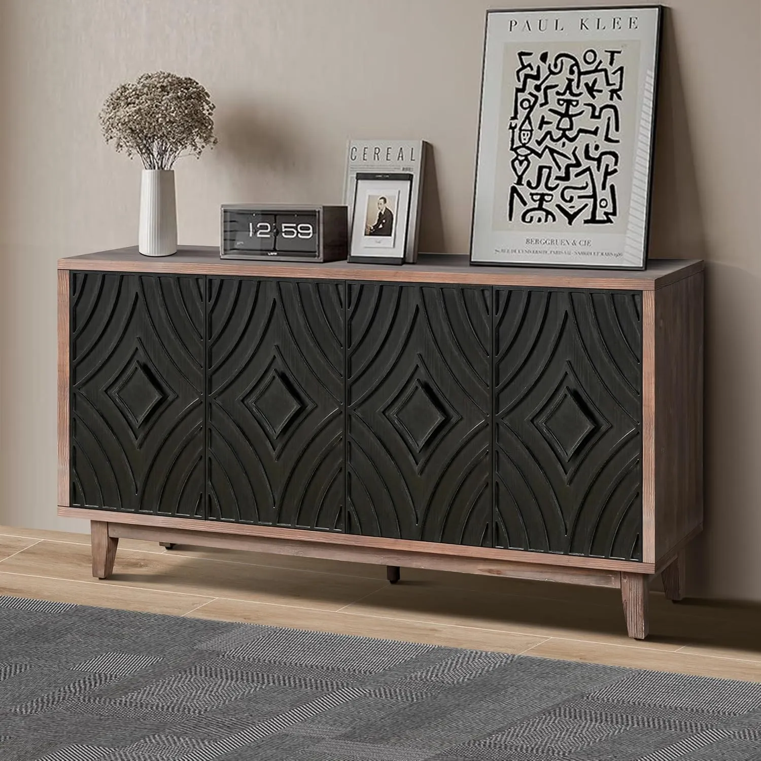 Rustic Buffet Cabinet Distressed Finish Sideboard with 4 Embossed Doors, Large Credenza Cabinet for Living Room Dining Room Kitchen, Black