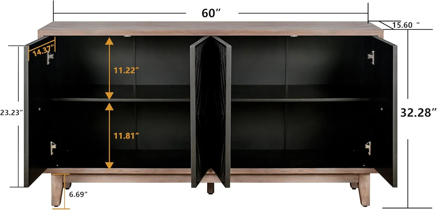 Rustic Buffet Cabinet Distressed Finish Sideboard with 4 Embossed Doors, Large Credenza Cabinet for Living Room Dining Room Kitchen, Black